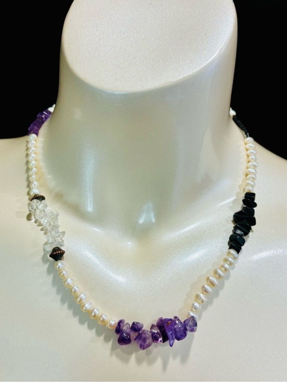 Pearl Necklace with Amethyst, Black and Clear Stone Accents 925 Toggle Clasp